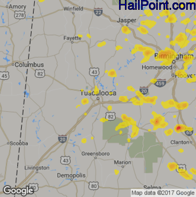 Hail Map for Tuscaloosa, AL Region on June 28, 2018