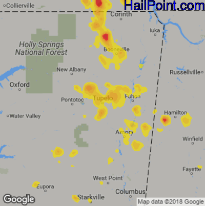 Hail Map for Tupelo, MS Region on June 28, 2018 