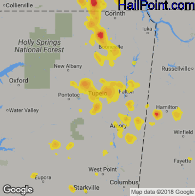 Hail Map for Tupelo, MS Region on June 28, 2018