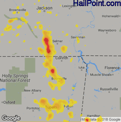 Hail Map for Corinth, MS Region on June 28, 2018
