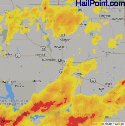 Hail Map for Minot, ND Region on June 28, 2018
