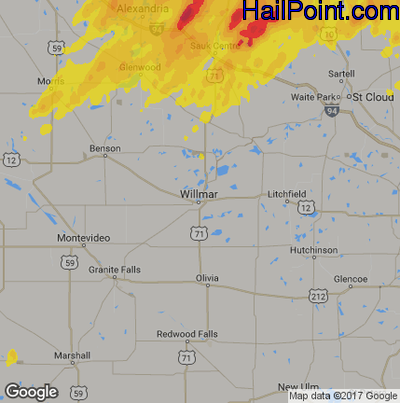 Hail Map for Willmar, MN Region on June 30, 2018