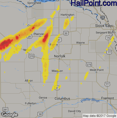 Hail Map for Norfolk, NE Region on June 30, 2018