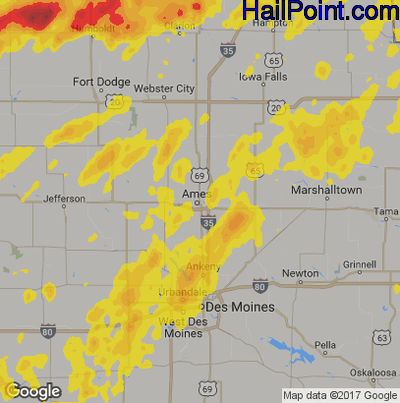Hail Map for Ames, IA Region on June 30, 2018
