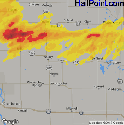 Hail Map for Huron, SD Region on July 3, 2018
