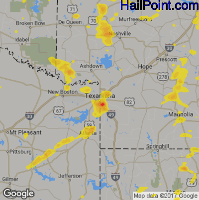 Hail Map for Texarkana, AR Region on July 3, 2018