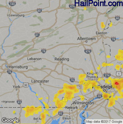 Hail Map for Reading, PA Region on July 3, 2018