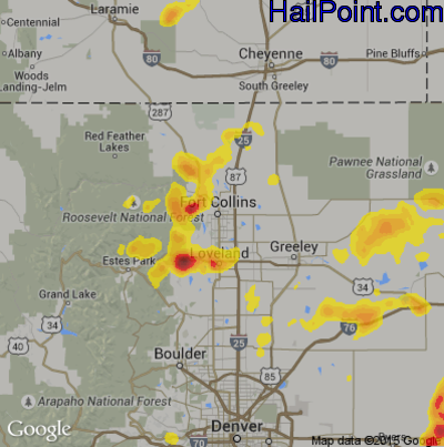 Hail Map for Fort Collins, CO Region on July 4, 2018