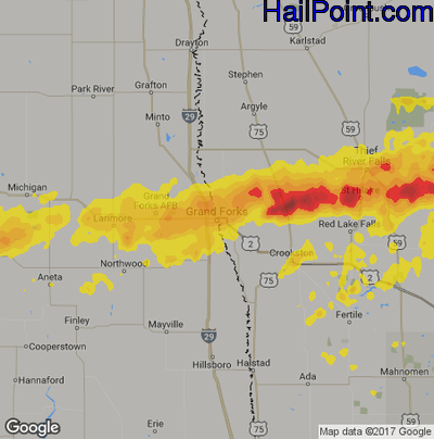 Hail Map for Grand Forks, ND Region on July 8, 2018
