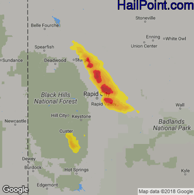 Hail Map for Rapid City, SD Region on July 8, 2018