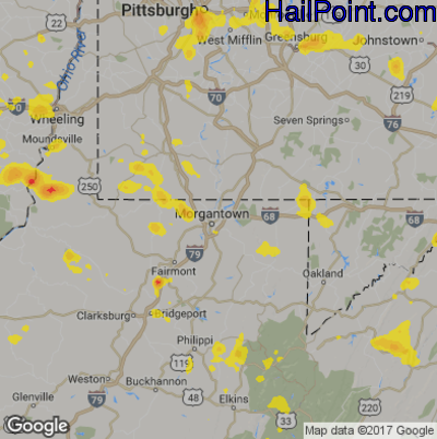 Hail Map for Morgantown, WV Region on July 15, 2018