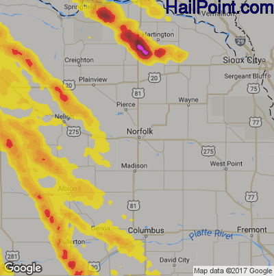 Hail Map for Norfolk, NE Region on July 18, 2018