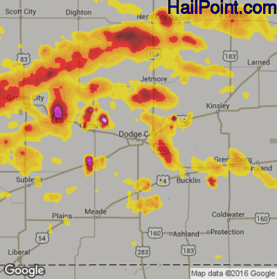 Hail Map for Dodge City, KS Region on July 19, 2018