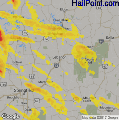 Hail Map for Lebanon, MS Region on July 19, 2018
