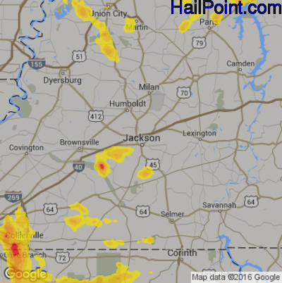 Hail Map for Jackson, TN Region on July 19, 2018