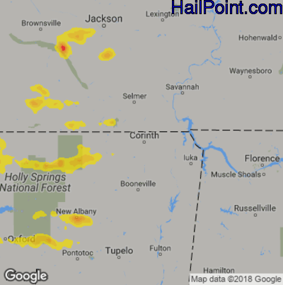 Hail Map for Corinth, MS Region on July 19, 2018