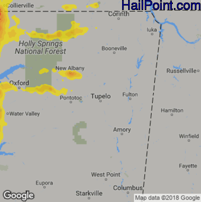 Hail Map for Tupelo, MS Region on July 20, 2018 