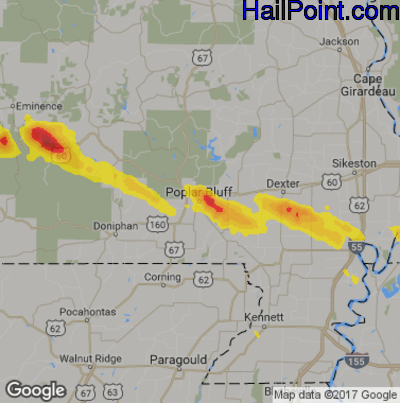Hail Map for Poplar Bluff, MO Region on July 20, 2018