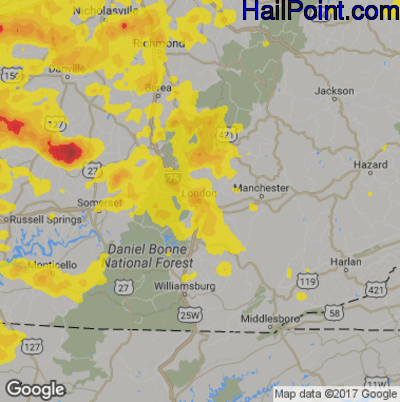 Hail Map for London, KY Region on July 20, 2018