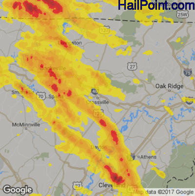 Hail Map for Crossville, TN Region on July 20, 2018