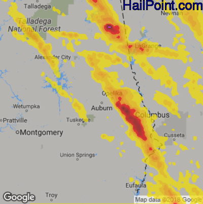 Hail Map for Auburn, AL Region on July 21, 2018