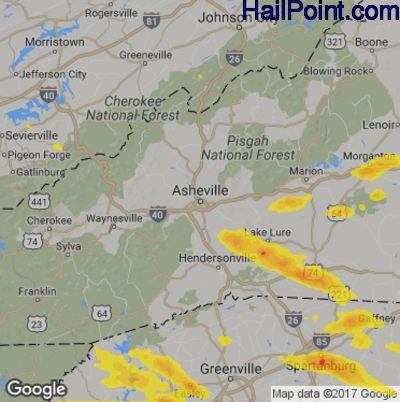 Hail Map for Asheville, NC Region on July 21, 2018