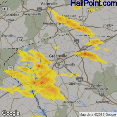 Hail Map for Greenville, SC Region on July 21, 2018