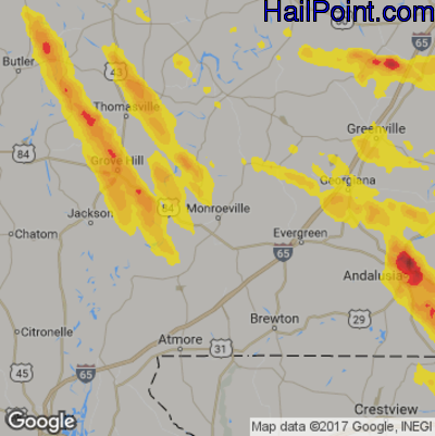 Hail Map for Monroeville, AL Region on July 22, 2018
