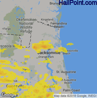 Hail Map for Jacksonville, FL Region on July 22, 2018