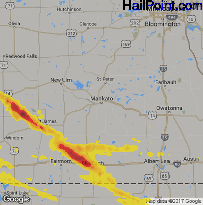 Hail Map for Mankato, MN Region on July 25, 2018