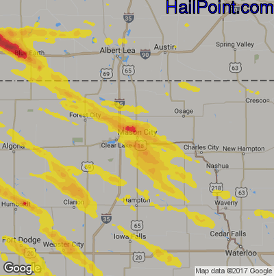 Hail Map for Mason City, IA Region on July 25, 2018