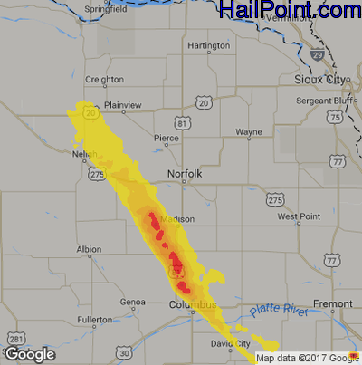 Hail Map for Norfolk, NE Region on July 27, 2018
