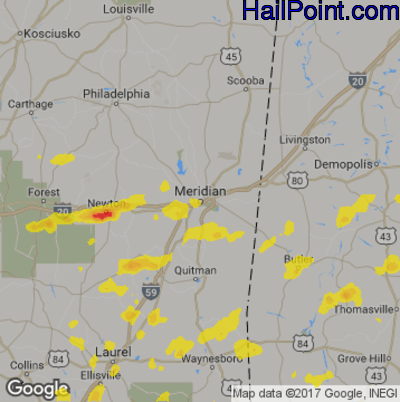 Hail Map for Meridan, MS Region on July 31, 2018 