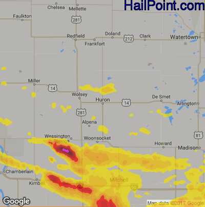 Hail Map for Huron, SD Region on August 5, 2018
