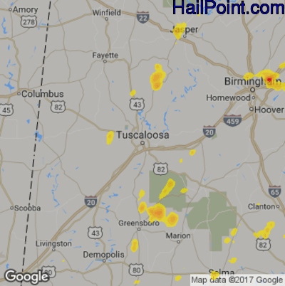 Hail Map for Tuscaloosa, AL Region on August 7, 2018