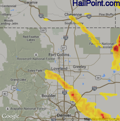 Hail Map for Fort Collins, CO Region on August 7, 2018