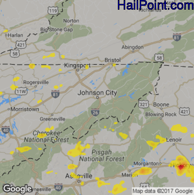 Hail Map for Johnson City, TN Region on August 8, 2018 