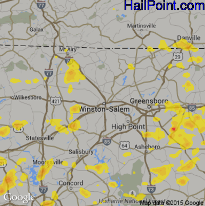 Hail Map for Winston-Salem, NC Region on August 8, 2018