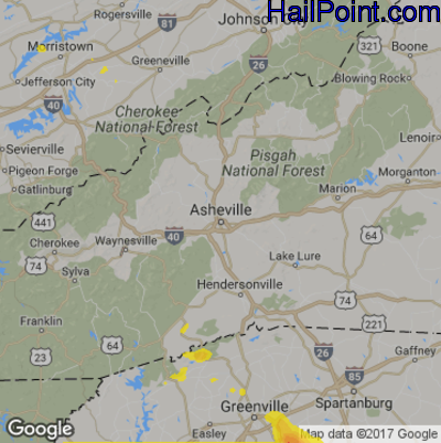 Hail Map for Asheville, NC Region on August 9, 2018