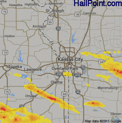 Hail Map for Kansas City, KS Region on August 16, 2018