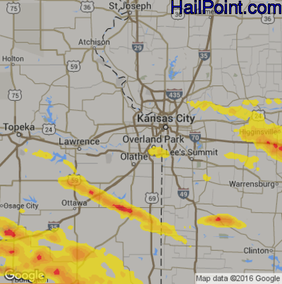 Hail Map for Shawnee, KS Region on August 16, 2018 