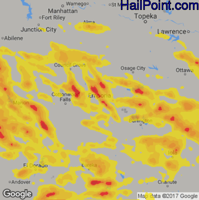 Hail Map for Emporia, KS Region on August 16, 2018