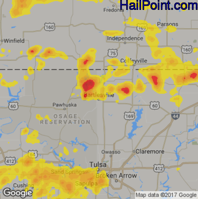 Hail Map for Bartlesville, OK Region on August 16, 2018