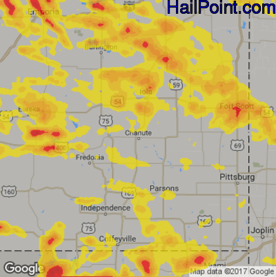 Hail Map for Chanute, KS Region on August 16, 2018