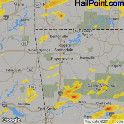 Hail Map for Fayetteville, AR Region on August 16, 2018 