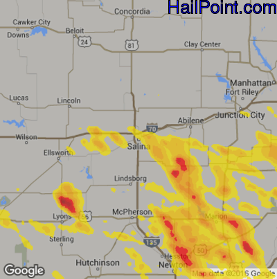 Hail Map for Salina, KS Region on August 16, 2018 