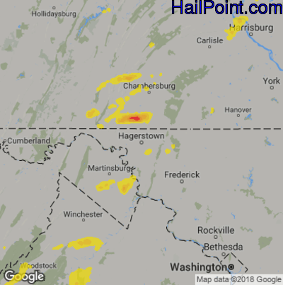 Hail Map for Hagerstown, MD Region on August 17, 2018