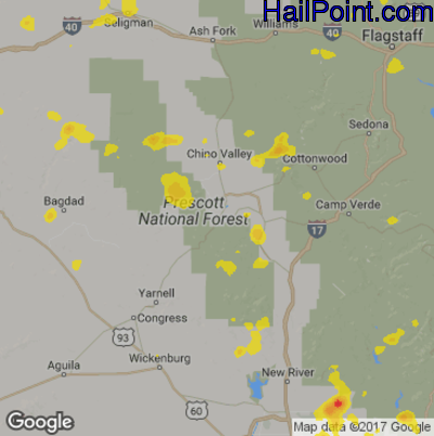 Hail Map for Prescott, AZ Region on August 23, 2018
