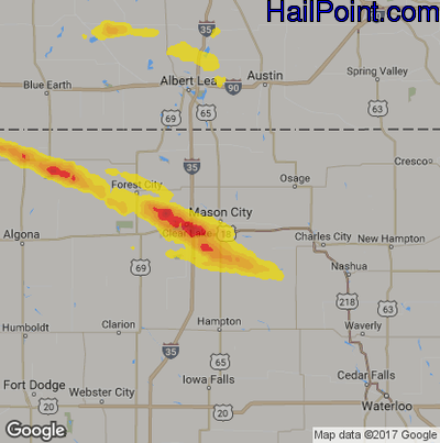 Hail Map for Mason City, IA Region on August 24, 2018