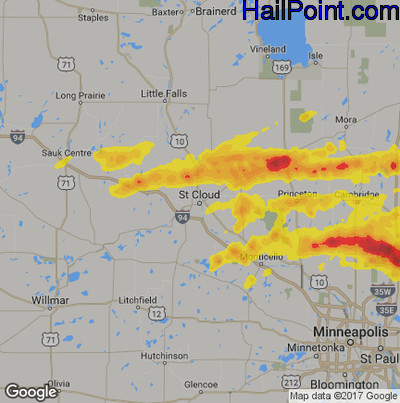 Hail Map for St Cloud, MN Region on August 26, 2018